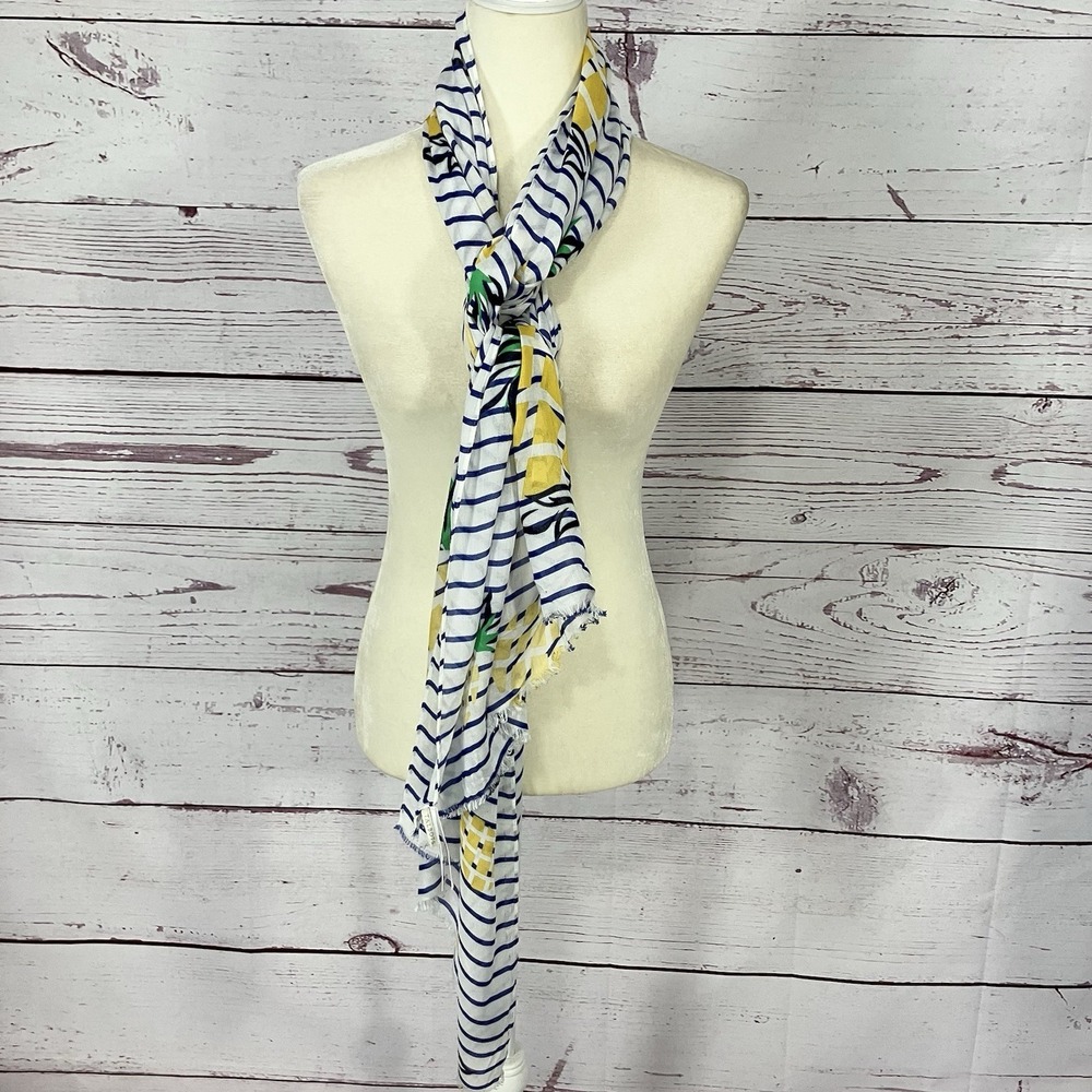 Talbots Pineapple Stripe Rectangle Scarf Blue White Yellow Tropical Viscose